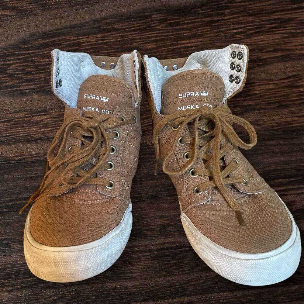 Supra Muska High Top Sneakers 001 Skytop Size 6.5 Mens Khaki Tan Canvas EUC - Picture 3 of 8